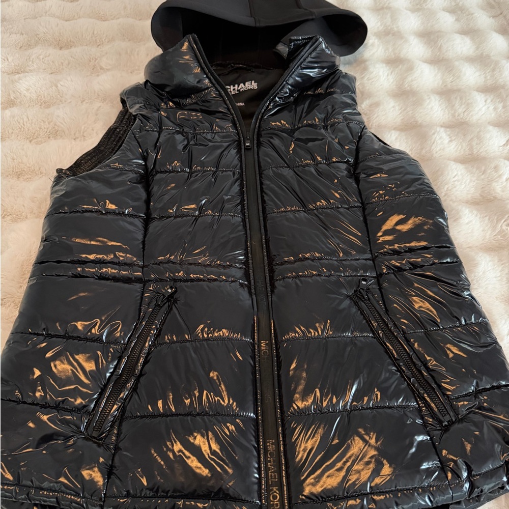 Michael Kors Glossy Black Hooded Vest